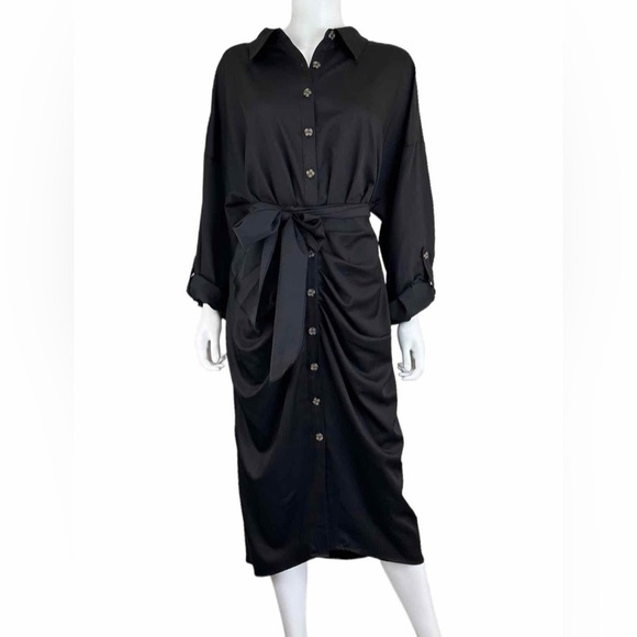 ANTONIO MELANI Dresses & Skirts - Antonio Milani Roxanne Long Sleeve Ruched Tie Waist Shirt Dress Black Si…
